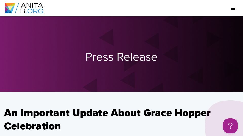 Screenshot of anitab.org: Grace Hopper Celebration Cancelled