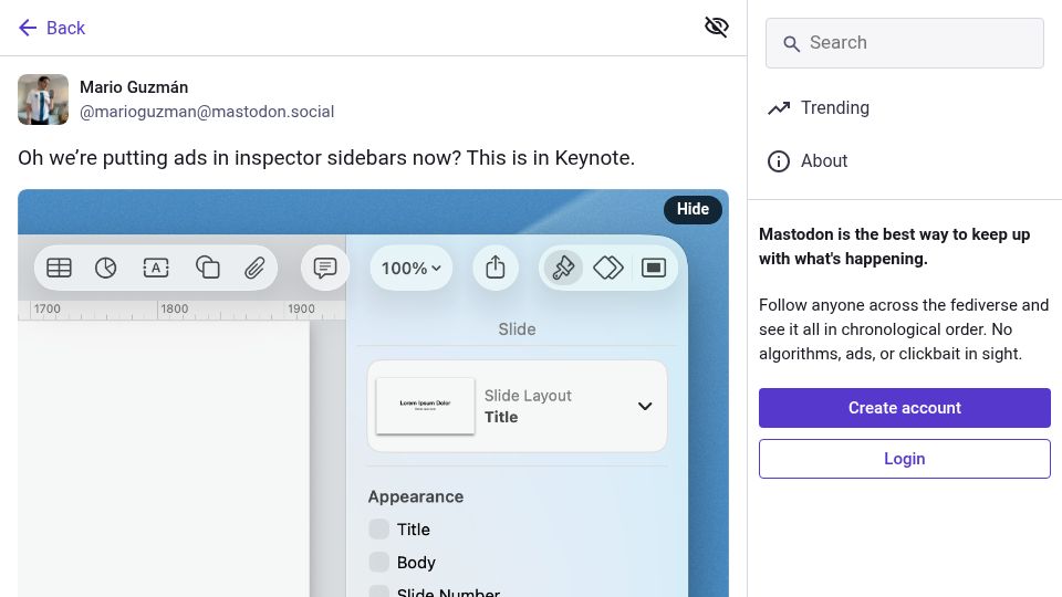 Screenshot of mastodon.social: Apple Keynote now showing ads in its UI