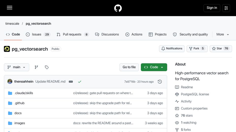Screenshot of github.com: Pg_vectorsearch: An index that is faster than pgvector's IVFFlat and HNSW