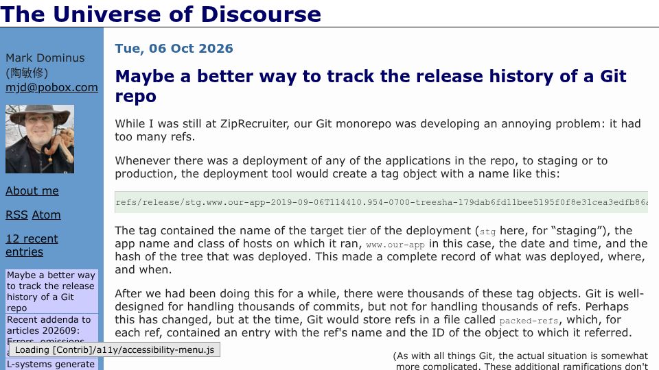 Screenshot of blog.plover.com: Maybe a better way to track the release history of a Git repo
