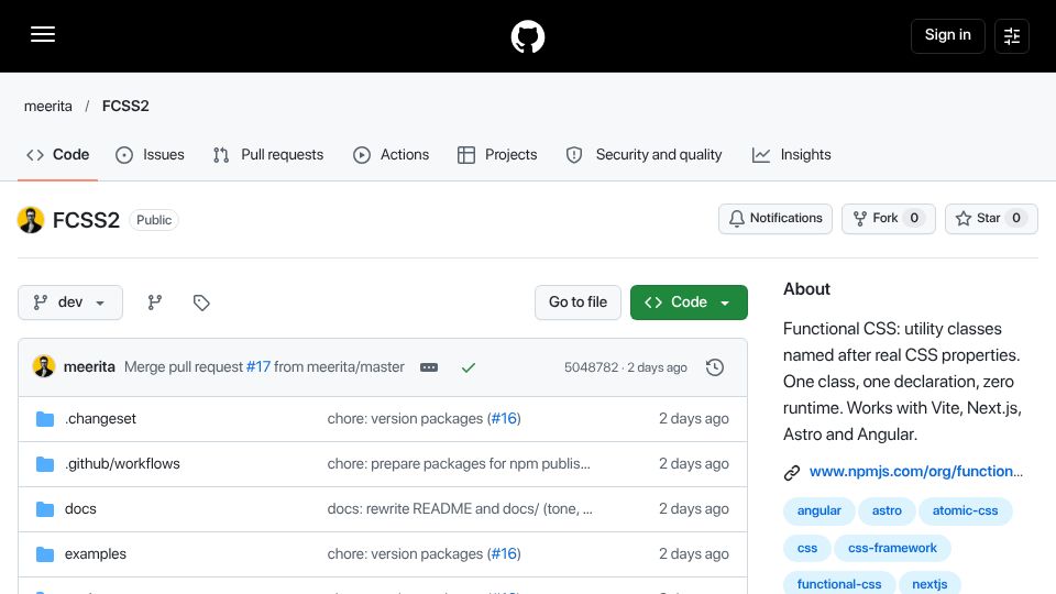 Screenshot of github.com: FCSS 2: Utility CSS that reads like CSS