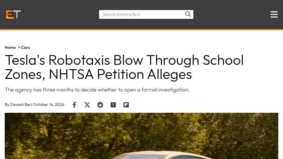 Screenshot of extremetech.com: Tesla's Robotaxis Blow Through School Zones, NHTSA Petition Alleges