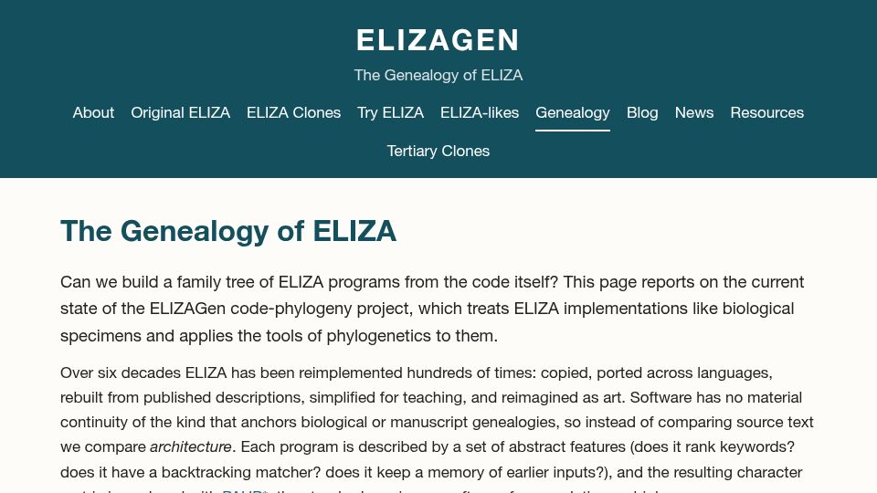 Screenshot of elizagen.org: The Genealogy of Eliza