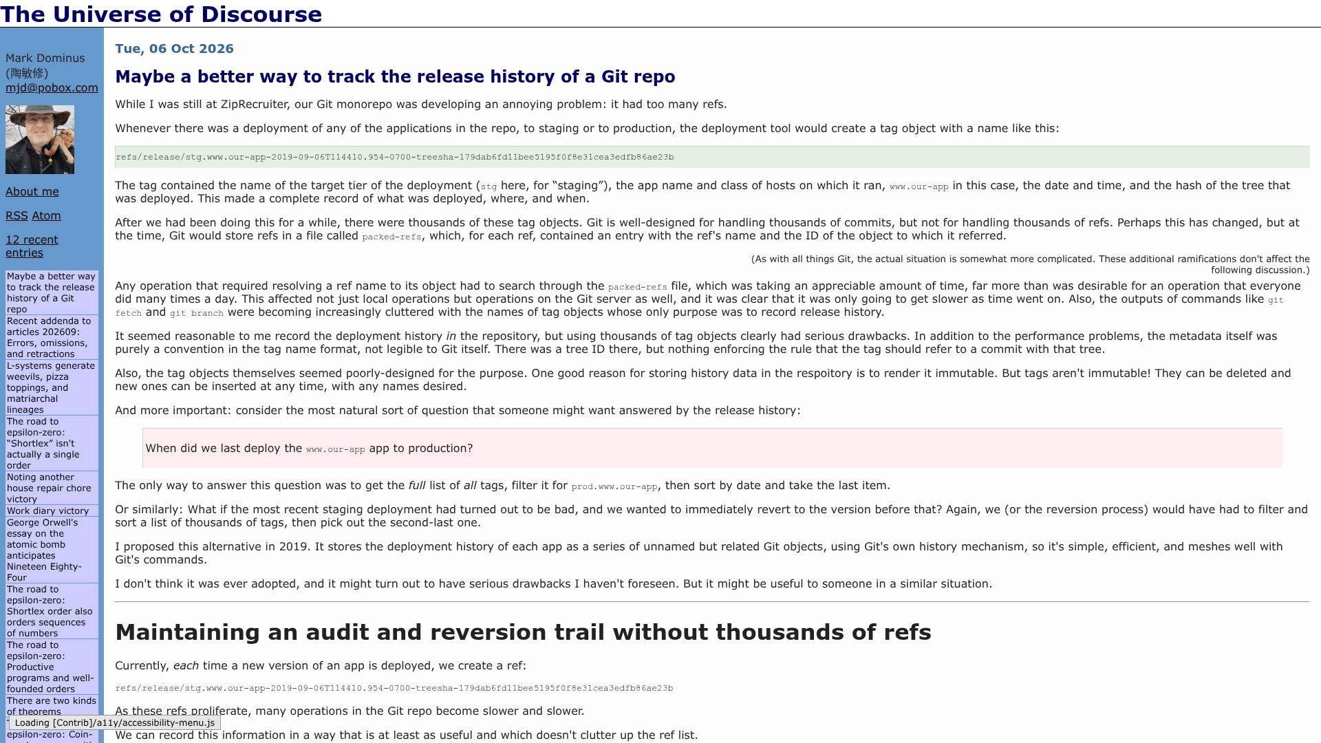 Screenshot of blog.plover.com: Maybe a better way to track the release history of a Git repo
