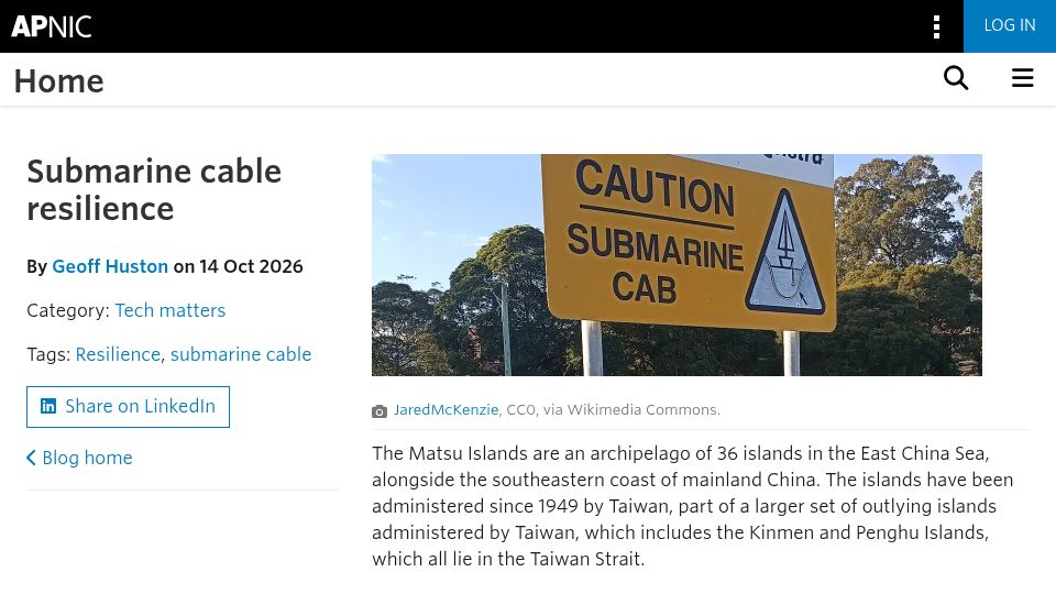 Screenshot of blog.apnic.net: Submarine cable resilience