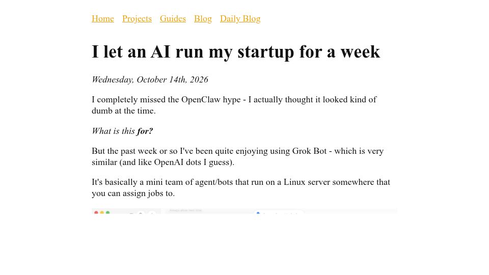 Screenshot of daily.tinyprojects.dev: I let an AI run my startup for a week