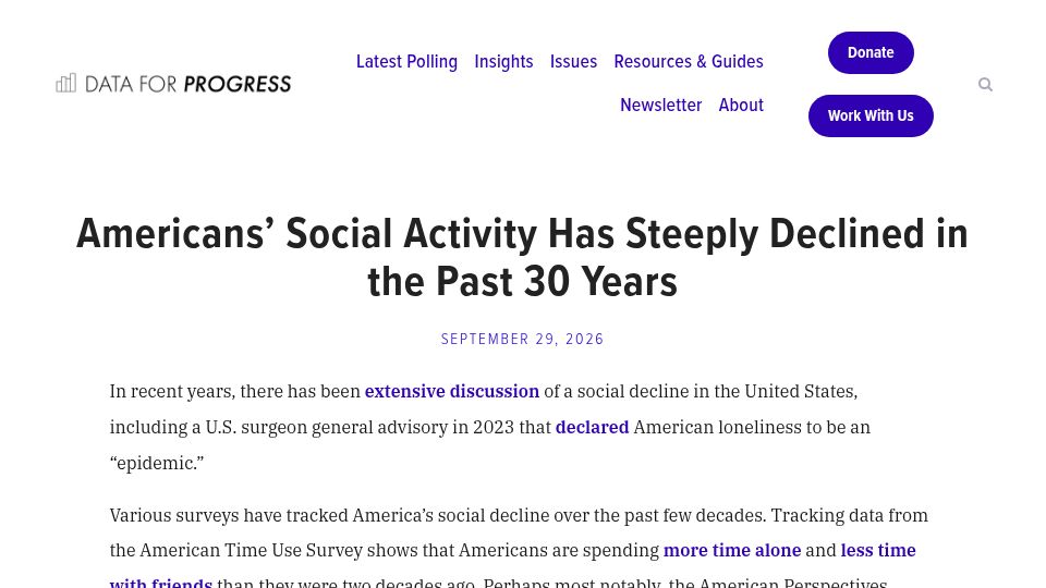 Screenshot of dataforprogress.org: Americans' social activity has steeply declined in the past 30 years