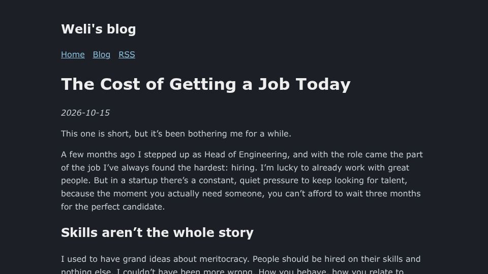 Screenshot of weli.dev: The cost of getting a job today