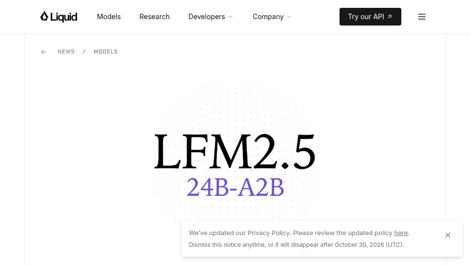 Screenshot of liquid.ai: LFM2.5-24B-A2B: Built for fast on-device agents