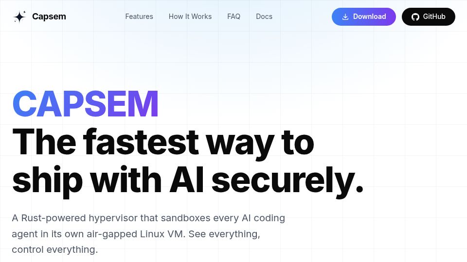 Screenshot of capsem.org: Capsem – a Rust hypervisor sandboxing AI agents in air-gapped Linux VMs