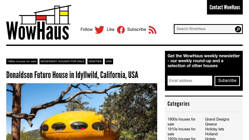 Screenshot of wowhaus.co.uk: Donaldson Futuro House in Idyllwild, California, USA