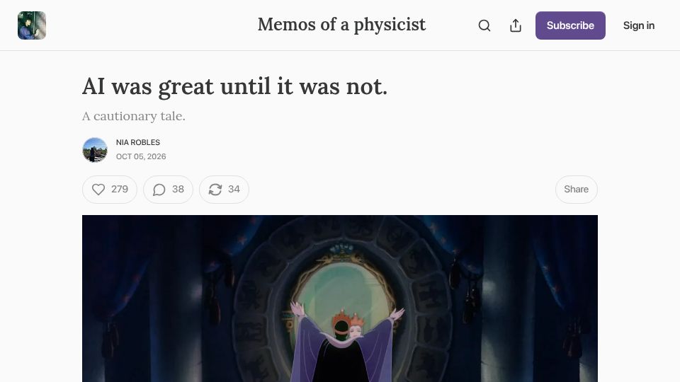 Screenshot of thetheorygirlie.substack.com: AI was great until it was not