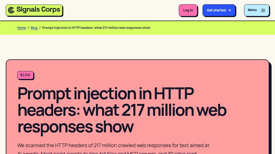 Screenshot of signalscorps.com: Prompt injection in HTTP headers: what 217M web responses show