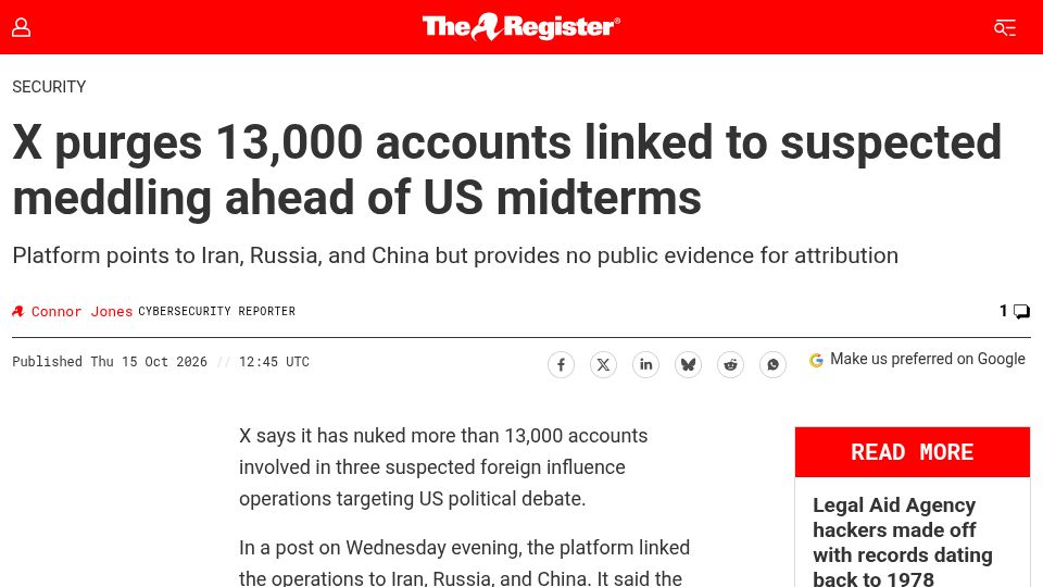 Screenshot of theregister.com: X purges 13,000 accounts linked to suspected meddling ahead of US midterms