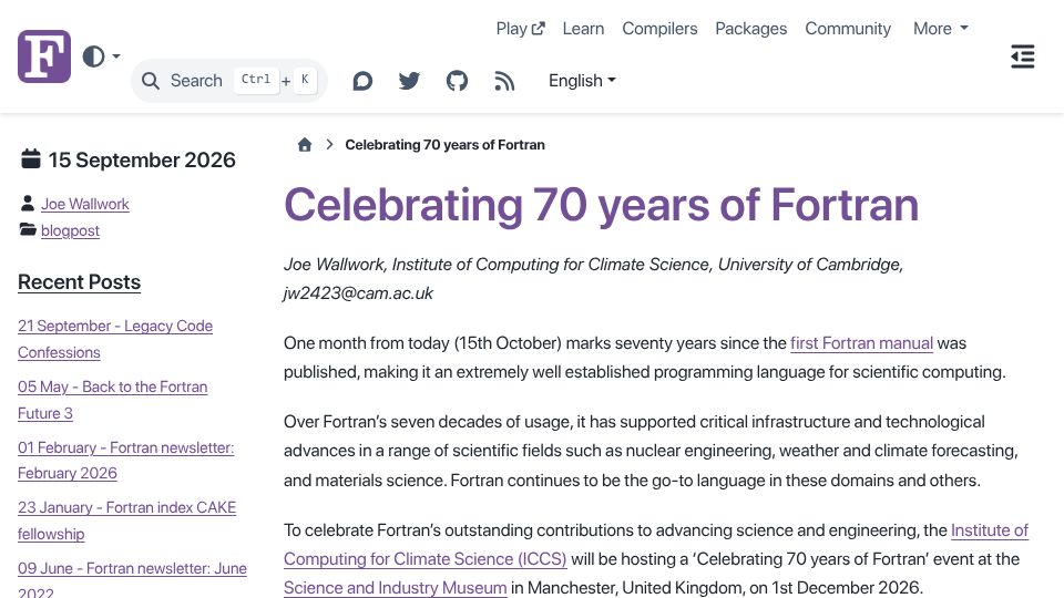 Screenshot of fortran-lang.org: Celebrating 70 Years of Fortran