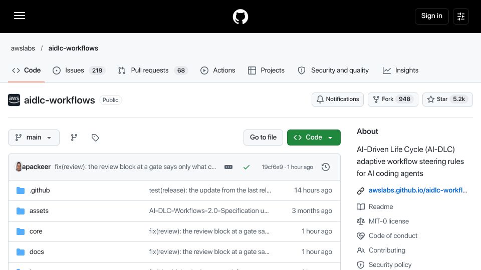 Screenshot of github.com: Aidlc: Adaptive workflow steering rules for AI coding agents
