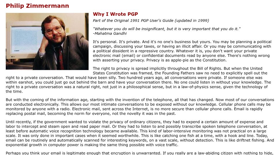 Screenshot of philzimmermann.com: Why I Wrote PGP (1991, revised 1999)