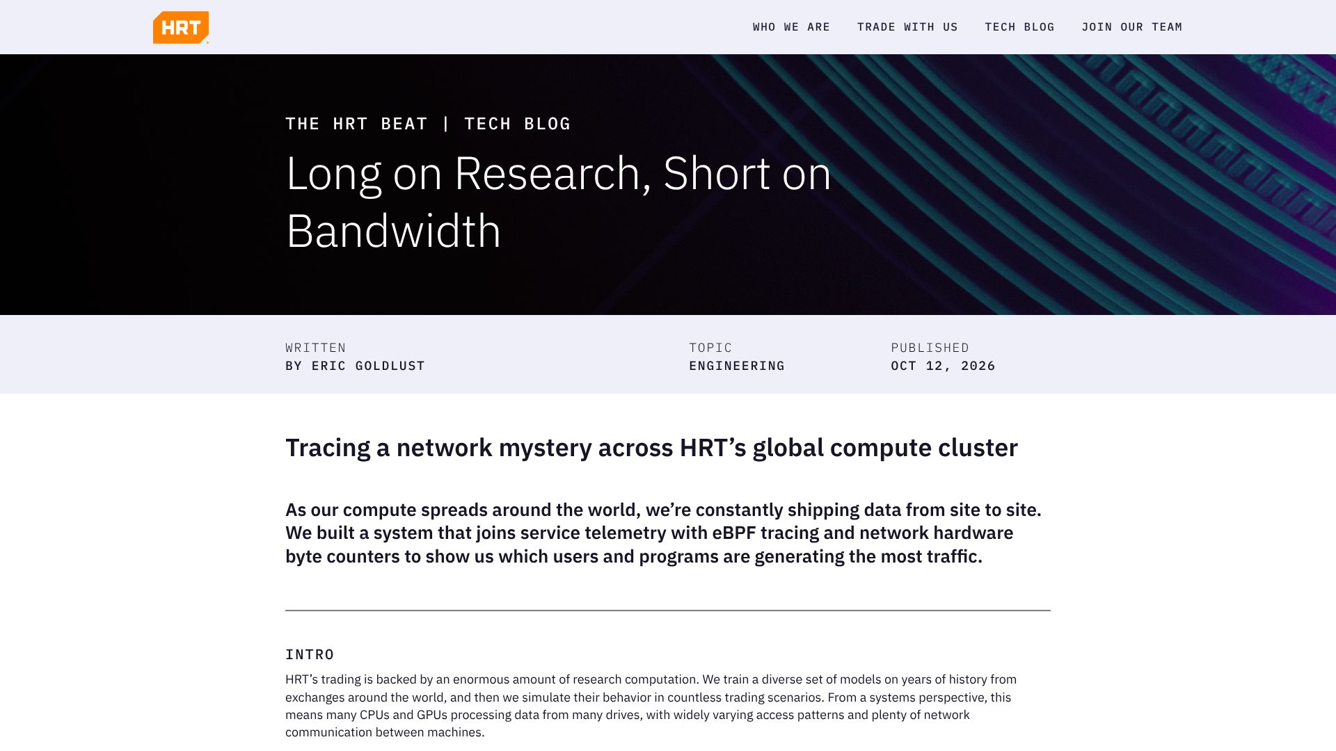 Screenshot of hudsonrivertrading.com: Tracing Mystery Network Traffic with eBPF Across HRT's Global Compute Cluster