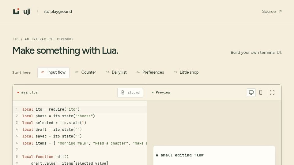 Screenshot of uji.sh: Show HN: Ito – Build Terminal UIs in Lua