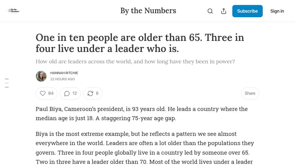 Screenshot of hannahritchie.substack.com: One in ten people are older than 65. Three in four live under a leader who is