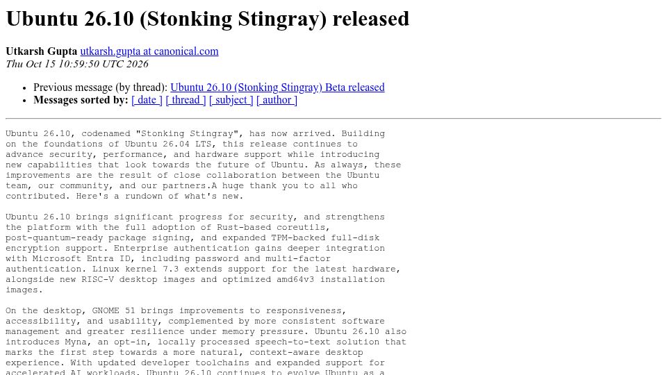 Screenshot of lists.ubuntu.com: Ubuntu 26.10 (Stonking Stingray) released