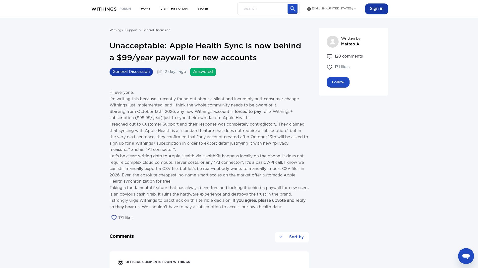 Screenshot of support.withings.com: New Withings Users Must Pay $99/Year for Apple Health Syncing