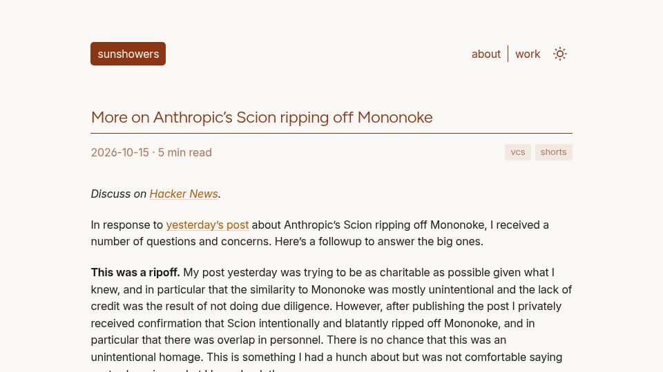 Screenshot of sunshowers.io: More on Anthropic's Scion ripping off Mononoke
