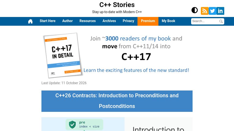 Screenshot of cppstories.com: C++26 Contracts: Introduction to Preconditions and Postconditions