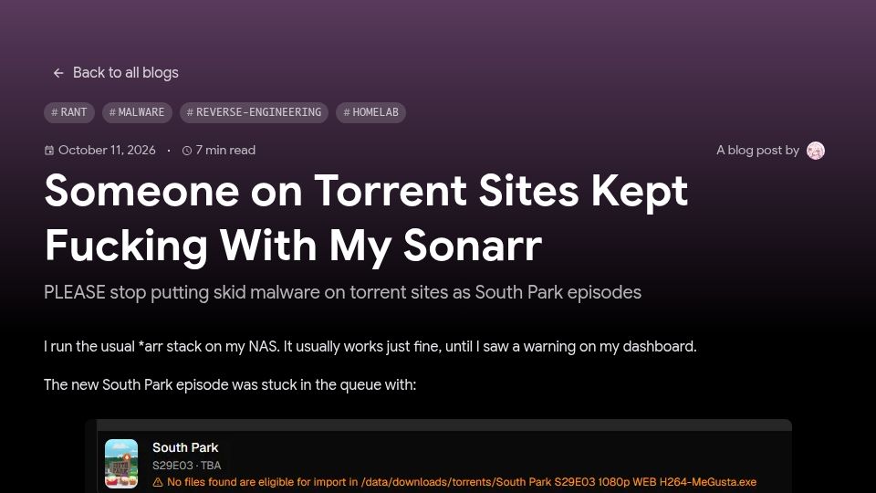 Screenshot of thereallo.dev: Someone on Torrent Sites Kept Fucking with My Sonarr