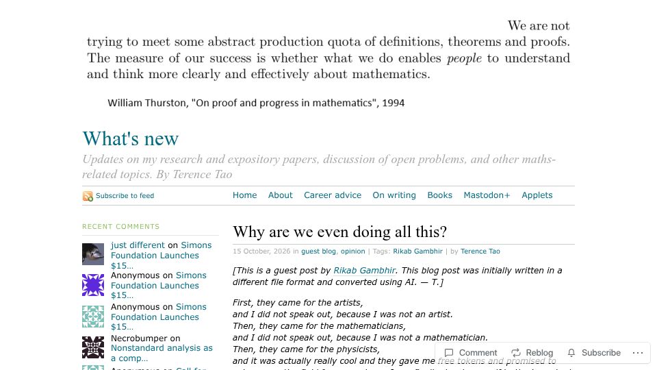 Screenshot of terrytao.wordpress.com: Why are we even doing all this?