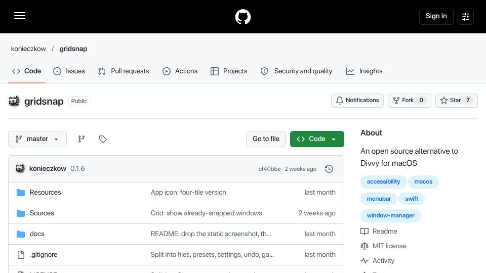 Screenshot of github.com: GridSnap – an open-source Divvy-style window snapper for macOS