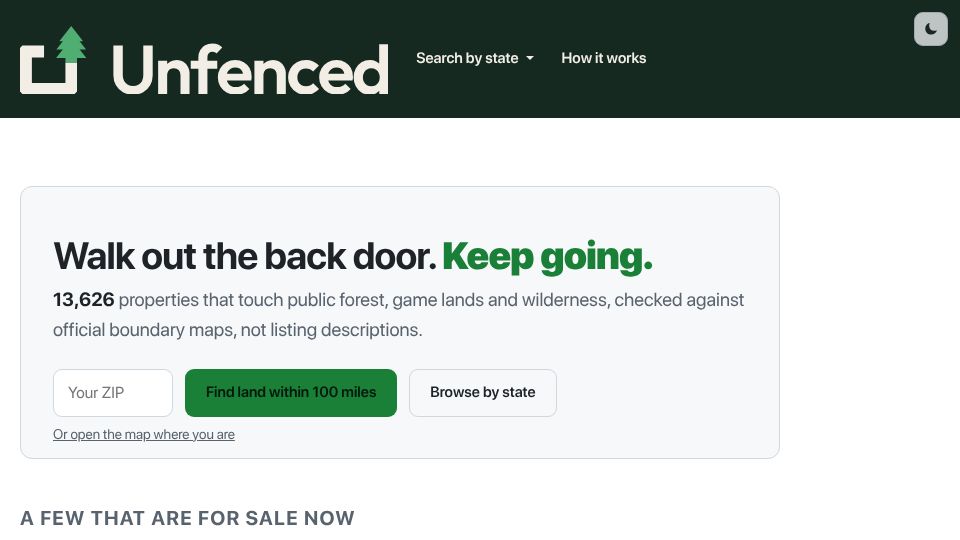 Screenshot of unfenced.land: Show HN: Unfenced – Land for sale that borders public land