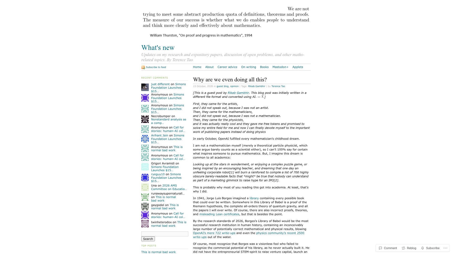 Screenshot of terrytao.wordpress.com: Why are we even doing all this?