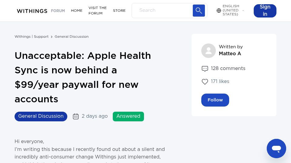Screenshot of support.withings.com: New Withings Users Must Pay $99/Year for Apple Health Syncing