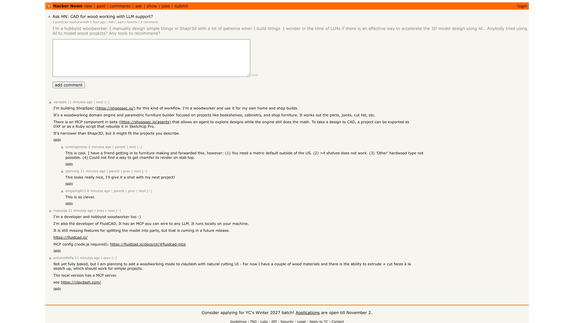 Screenshot of this Hacker News post: Ask HN: CAD for wood working with LLM support?