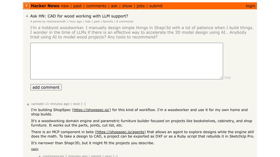 Screenshot of Hacker News post: Ask HN: CAD for wood working with LLM support?