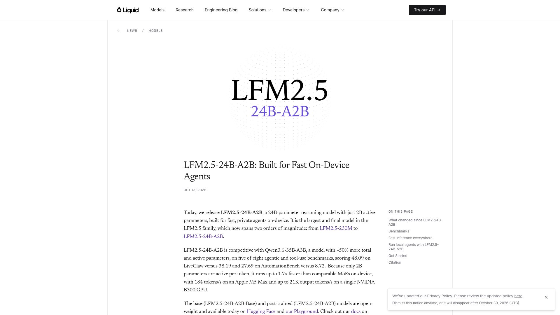Screenshot of liquid.ai: LFM2.5-24B-A2B: Built for fast on-device agents
