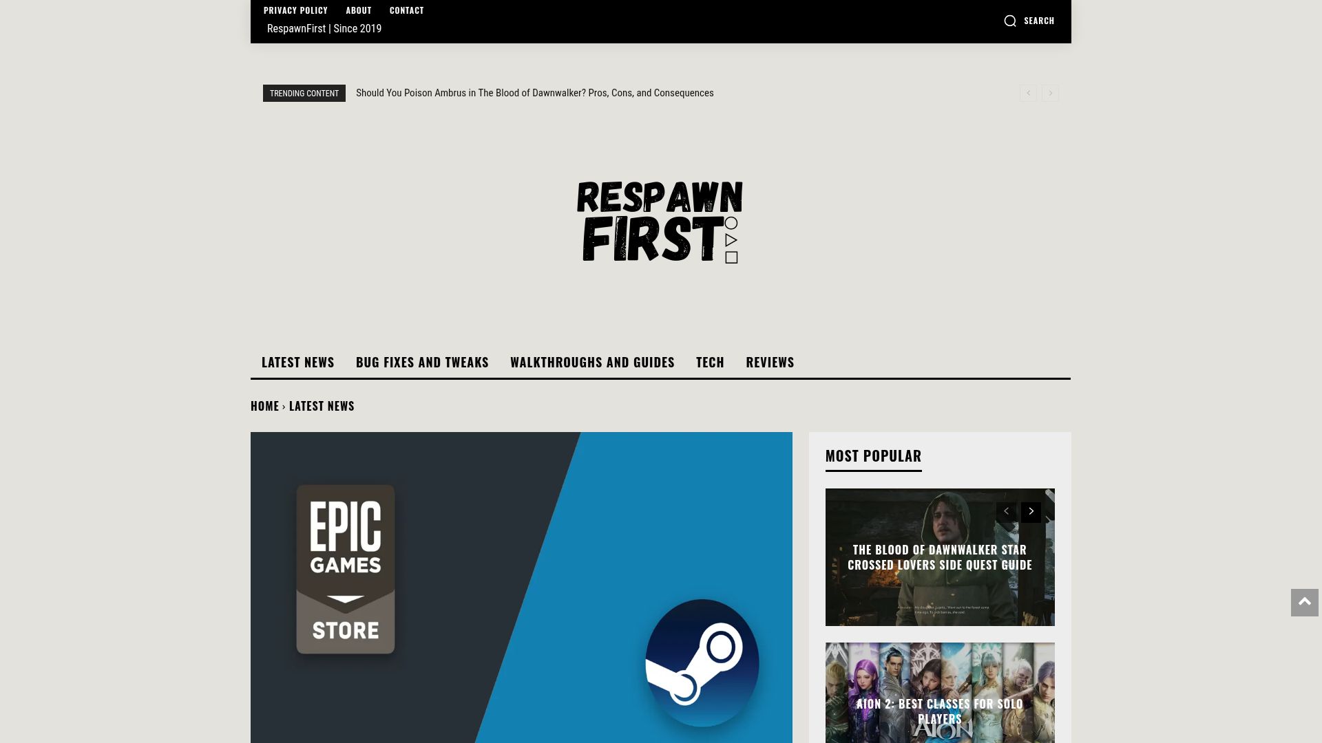 Screenshot of respawnfirst.com: Steam Client is now faster than Epic's new vibe coded launcher