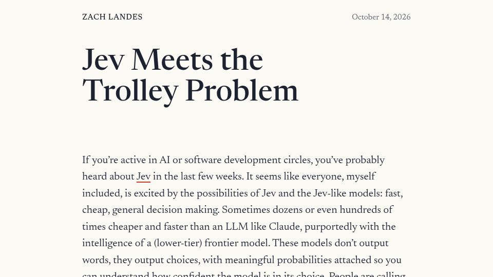 Screenshot of zachlandes.com: Jev meets the Trolley Problem