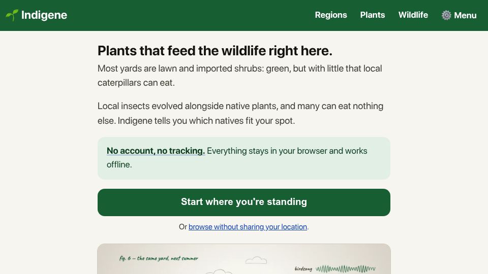 Screenshot of indigene.app: Show HN: Indigene – Native plants for where you stand