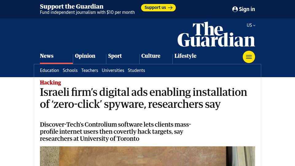 Screenshot of theguardian.com: Israeli firm's digital ads enabling installation of 'zero-click' spyware