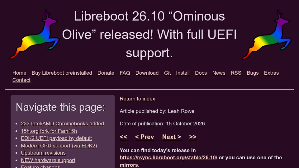 Screenshot of libreboot.org: Libreboot 26.10 "Ominous Olive" released with UEFI, Chromebook support