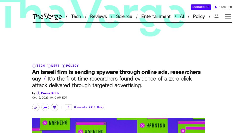 Screenshot of theverge.com: An Israeli firm is sending zero-click spyware through online ads