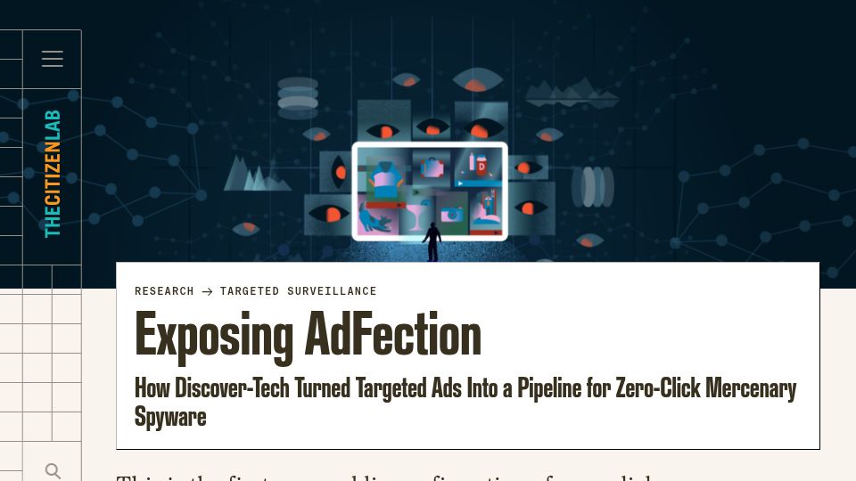 Screenshot of citizenlab.ca: AdFection: Targeted ads turned into a pipeline for zero-click mercenary spyware