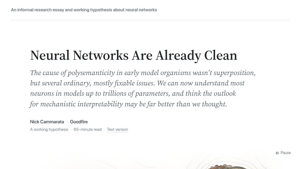 Screenshot of already-clean.goodfire.com: Neural networks are clean
