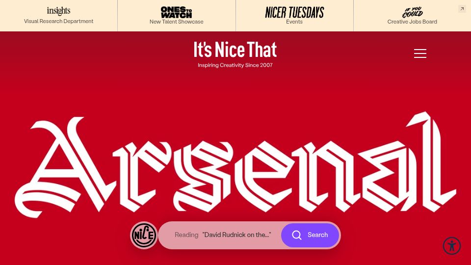 Screenshot of itsnicethat.com: David Rudnick on "borderline impossible" process of designing Arsenal typeface