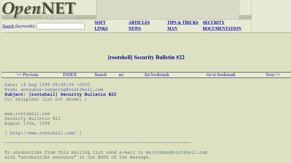 Screenshot of opennet.ru: Major ICQ security hole (1998)
