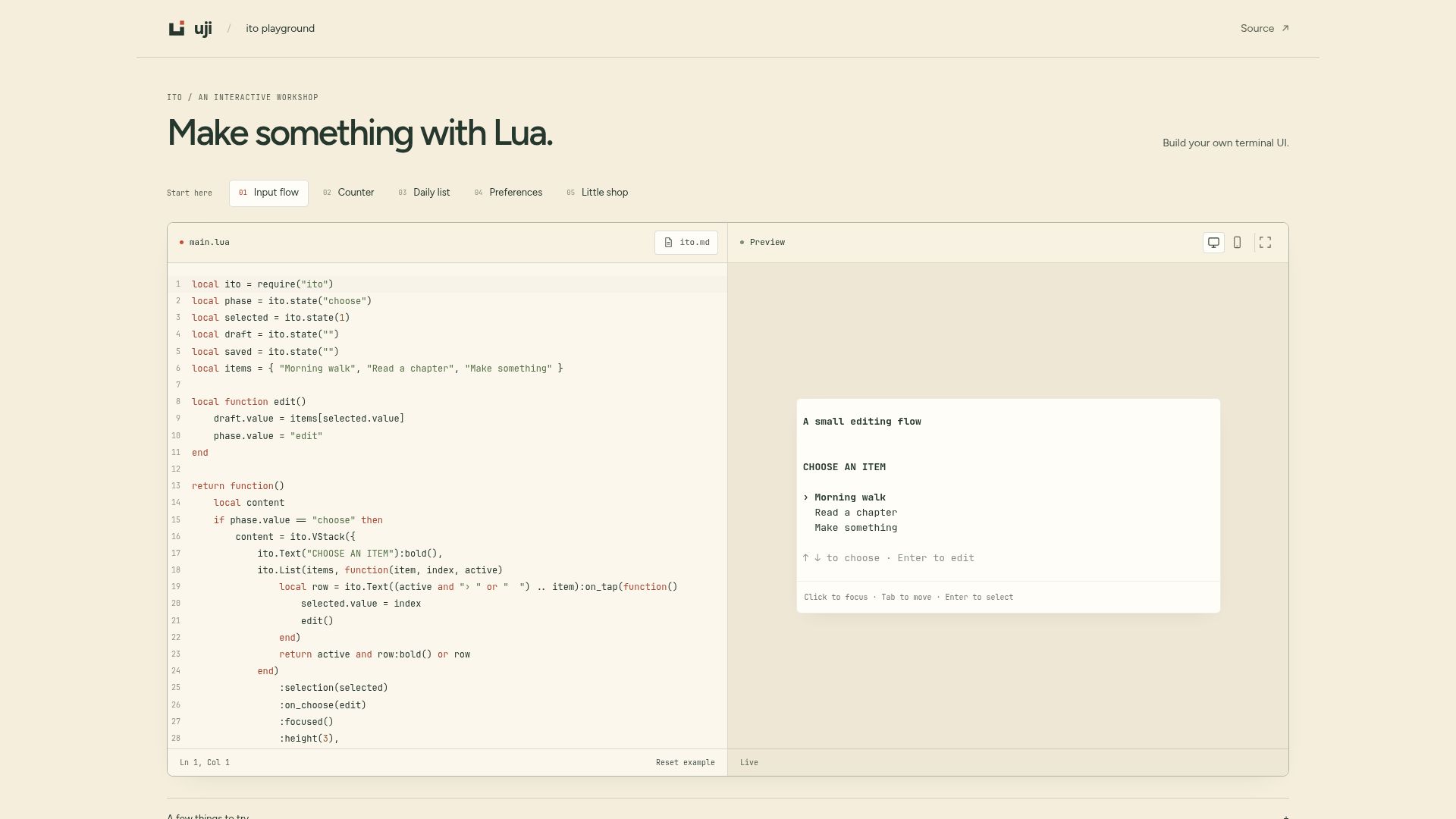 Screenshot of uji.sh: Show HN: Ito – Build Terminal UIs in Lua
