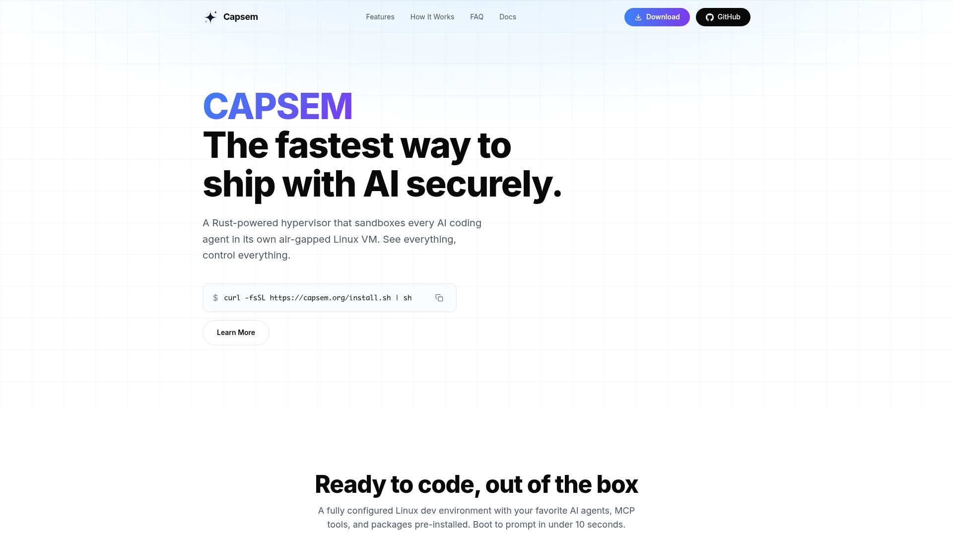 Screenshot of capsem.org: Capsem – a Rust hypervisor sandboxing AI agents in air-gapped Linux VMs
