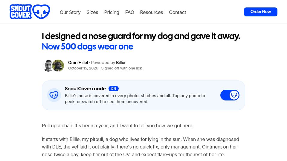 Screenshot of snoutcover.com: I designed a nose guard for my dog and gave it away. Now 500 dogs wear one